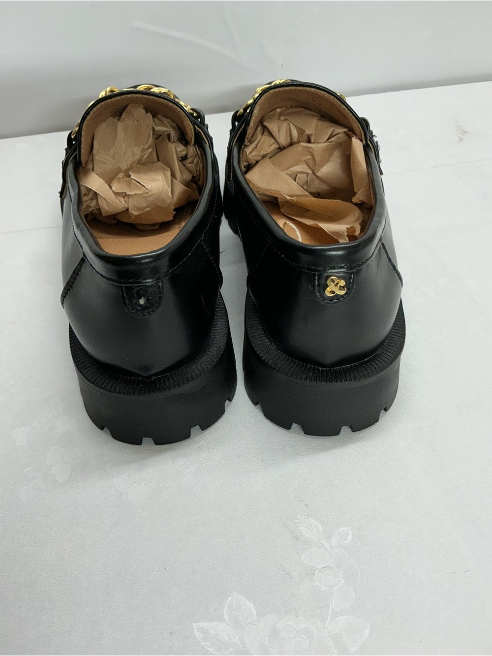 Sam & Libby Black Leather Platform Loafers with Gold Chain - Picture 3 of 5